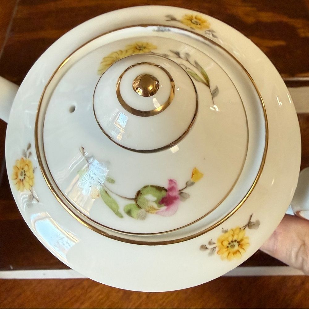 Vintage Albion 1950’s Floral Porcelain Teapot Sugar Dish Set White Pink Yellow - Picture 6 of 14